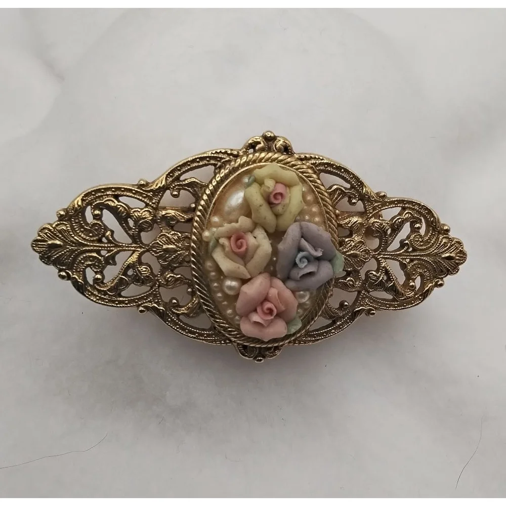 Victorian Porcelain Floral Brooch and Pin Set | Hand Painted Rose Cameo Set |